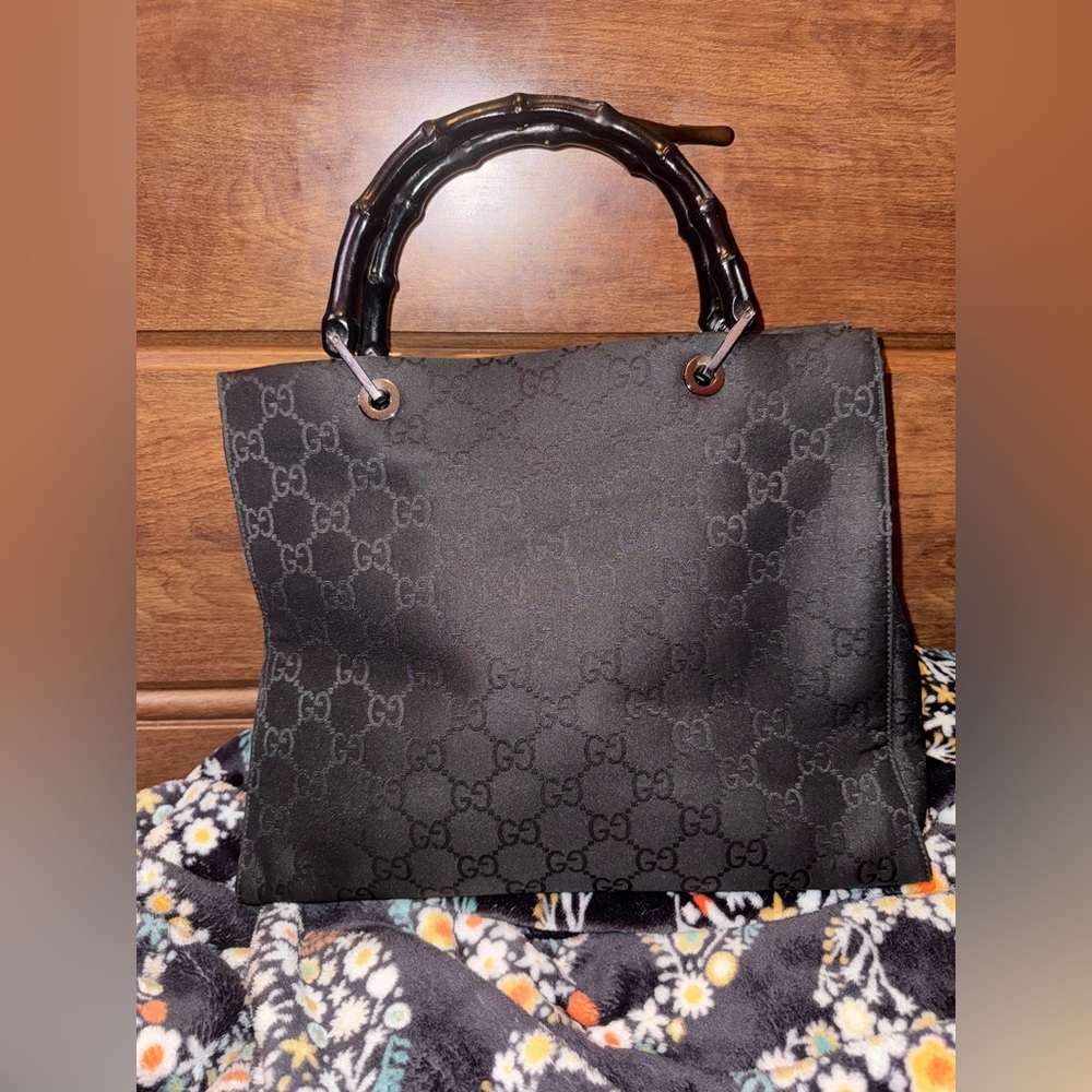 Gucci Black Logo Hand Bag With Bamboo Handles